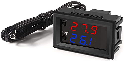 Greluma DC 12V Temperaturregler Programmierbar -50 bis 110 °C (-58 bis 230 °F), Rot/Blau LED-Anzeige Monitor Heizung/Kühlung Thermostat Steuermodul mit NTC 10K wasserdichte Sensorsonde