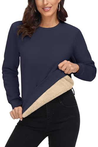 MAGCOMSEN Sweatshirts for Women Crewneck Sherpa Fleece Sweaters Pullovers Work Casual Pullover Warm Winter Sweat Shirts Navy,L