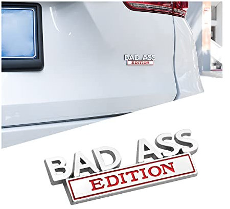 CGEAMDY Insignia de Metal Bad-Ass Edición 3D Emblema, Trasera del Guardabarros del Coche Insignias 3D Insignia para el Coche Moto, Emblemas Traseros Laterales de Guardabarros de Coche(Plata-Rojo)