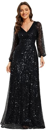 Ever-Pretty Women's Sequin A-Line V Neck Long Sheer Sleeves Tulle Evening Prom Dresses Black 18UK