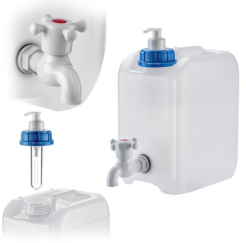 KADAX Bidon d'eau avec robinet de vidange, réservoir d'eau avec bec d'eau, bidon avec robinet intégré et distributeur de savon, réservoir de camping bidon de voyage (5 litres)