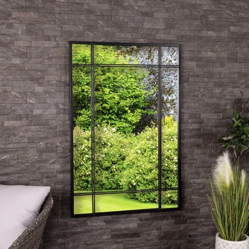 CHARLES BENTLEY Helsinki Rectangular Mirror In Black, Weather Resistant, Shatterproof, Wall Mounted Accent Mirror Décor For Garden, Indoors, Iron, Aluminium (120x80cm)