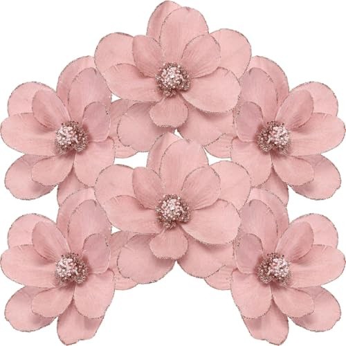 Sea Team Paquete de 6 adornos de flores artificiales de Navidad, magnolia de tela flocada con purpurina, decoraciones florales para árbol de Navidad, corona, guirnalda, 10 pulgadas, rosa