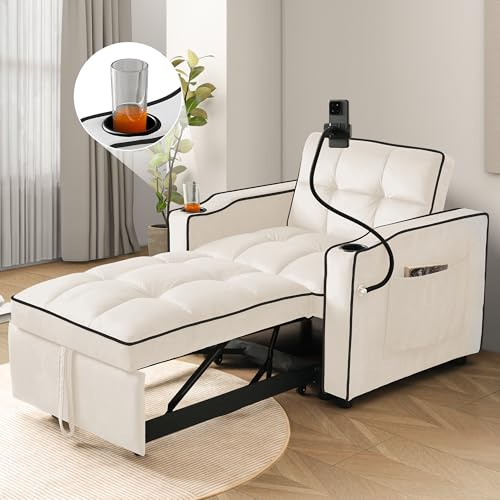 Wyibwy 3 en 1 Sofá cama individual extensible, con portavasos y portacelular, sofá reclinable, silla cama, silla, Espuma, para espacios pequeños, 83x167x76cm, Beige