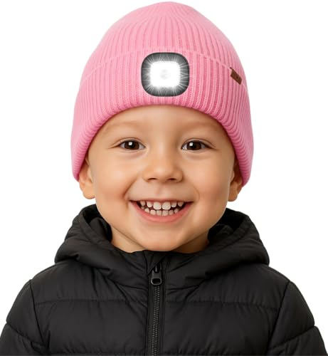 ATNKE Kids LED Lighted Beanie Hat with Lined Fleece, USB Rechargeable 4 LED Running Headlamp Ultra Bright Hands Free Head Torch Winter Warm Knit Skull Cap Gifts for Boys and Girls