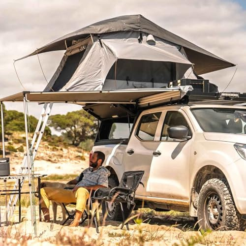 Prime Tech | Autodachzelt Wasteland Pro L | Softshell Dachzelt 240x140 cm | Hell-grau/Oliv-grün | Ripstop-Stoff | Skyview | Leichtgewicht 50 kg | Schneller Aufbau