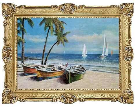 Vacker målning 90 x 70 cm ornamentram, strandscen med båtar och segelbåtar, gyllene barockram, väggkonst antik repro