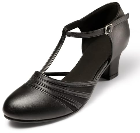 Asyusyu T Bar Latin Ballroom Dance Shoes for Women Closed Toe Character Shoes Women Low Heel-Black, 8 UK