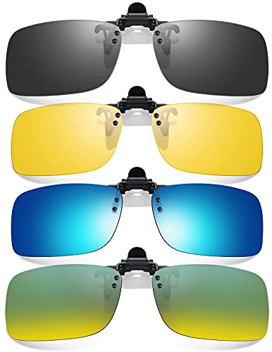 Hifot Clip on Sunglasses 4 Pack, Polarized Lens Fit over Prescription Glasses, Flip up Rimless Myopia Nearsighted Sunglasses for Men Women