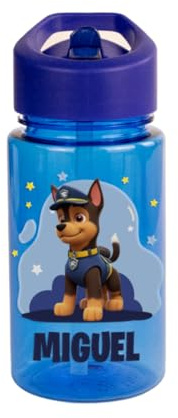 DEREGALOOS Botella Infantil Personalizado 440 ml. Bidón Escolar con Nombre, Pajita y Asa. Diseño Patrulla Perros Bomberos en Rojo, Azul o Amarillo. Regalo Original para Niños (Azul - Chase)