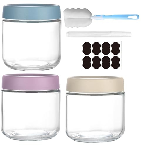 Clear Glass Jar with Screw Lid Leakproof Overnight Oats Container 3 Pack 300ml/10oz Wide mouth Mason Salad jars Reusable Food Jars Cereal Milk Vegetable Jam Protein Porridge Clear Storage Containers