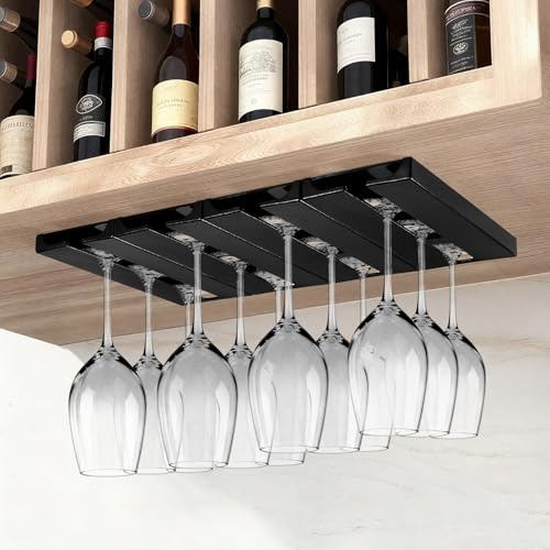 CROWNSHOP 4pcs Wine Glass Rack, Self-adhesive Wines Glasses Holder Under Cabinet - Hanging Wine Glass Under Cabinet Stemware for Bar and Kitchen Black