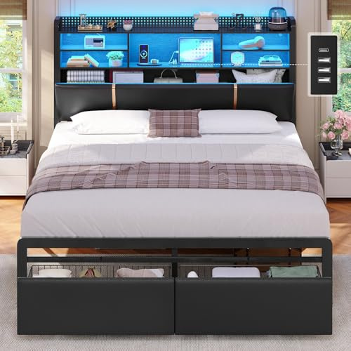 KIMENICH Letto 160 x 200 cm, Struttura Letto in Metallo con illuminazione a LED, Testiera con Stazione di Ricarica, Vano Portaoggetti, Telaio Lettos con 2 Cassetti, Nero
