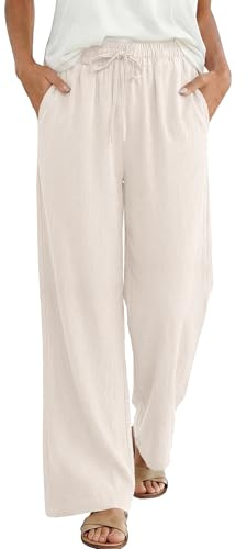 ANRABESS Women Wide Leg Palazzo Pants 2026 Summer Casual Loose Elastic High Waisted Flowy Lounge Beach Trousers Work Outfits Beige Medium