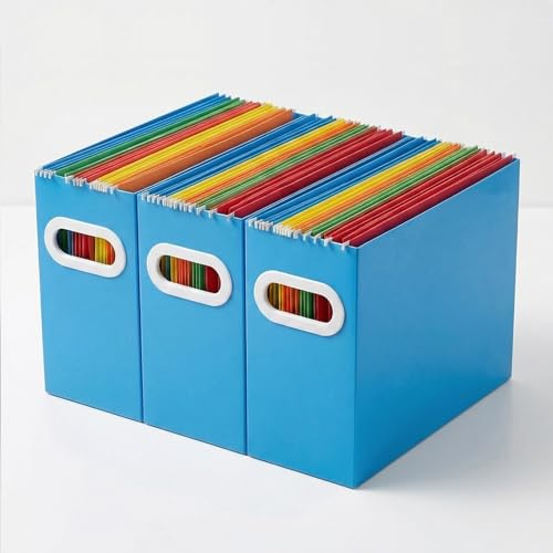 Papertide Hanging File Organizer Box, 3 Pack Blue Cardboard File Folder Holder for Letter Size, Portable Desk Document Storage with Handles, for Office,Home,School