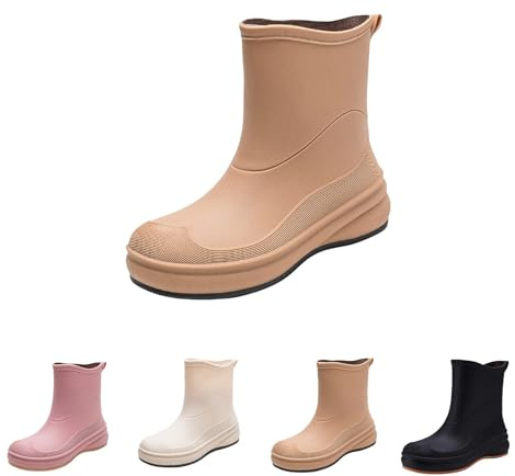 Botas de goma para mujer de caña media ancha, botas de mujer con tacón marrón, zapatos de lluvia cómodos, zapatos de jardín, impermeables, ligeras, botas de lluvia antideslizantes, botas de pesca