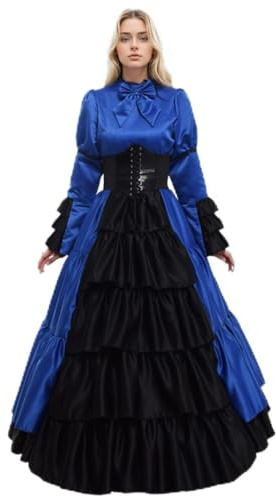 GRACEART Women Medieval Victorian Goth Witch Costume Renaissance Vintage Ruffles Ball Gown with Crinoline and Belt (M, Blue)