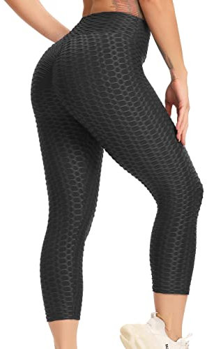 STARBILD Damen Leggings 3/4 Anti Cellulite, Scrunch Butt Yogahose Honeycomb, Capri Boom Booty Workout Gymnastik, L1060-klassisch-Schwarz XL