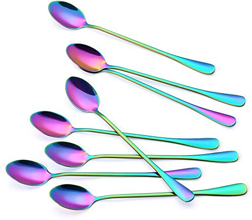Marco Almond® Long Handle Spoons, Colorful Plated Latte Spoon, Stainless Steel Ice Cream Spoon, Iced Tea, Cocktail Stirring,Tea, Coffee, Milkshake Dessert Spoons, Pack of 8