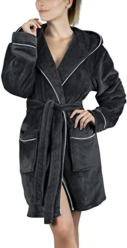 Gräfenstayn Bademantel Damen flauschig mit Kapuze - Kuschelfleece - Öko-Tex Standard 100 - Morgenmantel leicht & kurz - Größe (XL, Anthrazit)