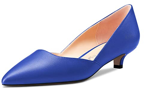 NobleOnly Femmes Kitten Bas Talon Heel Pointu Bout Escarpins Slip-on Mariage Bureau 3.5 CM Heels Bleu A 39 EU