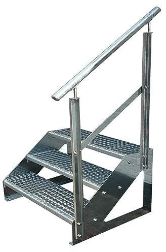 Kaminbau Mierzwa Premium trappa fristående, 3 trappräcken, höger (bredd 600 mm) (höjd 57 cm), väderbeständigt rutnät, trädgårdstrappa