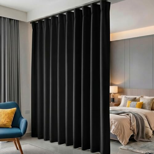 hoeflife Room Divider Curtains Blackout Floor to Ceiling Curtain with Hook Wall Mount Sliding Door Curtains Ceiling Mount Extra Wide Curtain Wall Divider for Room Separation (Black, W100 x H96 Inch)
