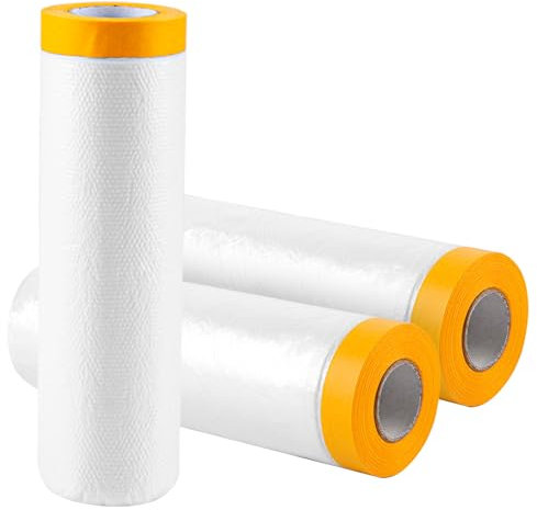 WOPPLXY 3 Rollen Abdeckfolie mit Klebeband, 270cm x 20m Malerfolie, Transparent PE-Folie mit Gelb Papier Maler Abdeckfolie zum Staubschutz, Lackieren von Autowänden