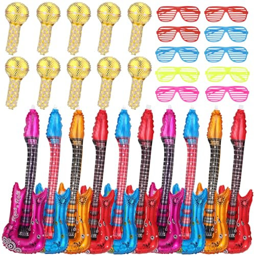 saerryor 30 Pcs Inflatable Guitar, Inflatable Microphone, Inflatable Party Props, Party Decoration Balloon with Colored Glasses, Party Props for Kids Adults Party Decoration
