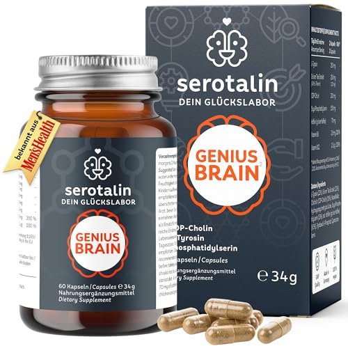 serotalin ACTIVE BRAIN Genius Focus | Koffein, Grüner Tee Extrakt, L-Theanin, L-Tyrosin & B12 hochdosiert | 100% Vegan & Made in Germany | 60 Kapseln