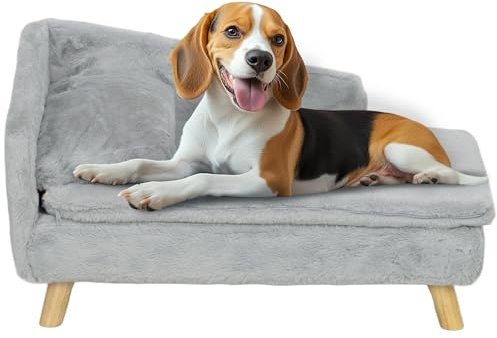 PawHut Hundesofa für mittelgroße Hunde, Hundebett mit abnehmbarem und waschbarem Kissen, Haustiersofa mit Holzbeine, mit Erhöhtem Design, 15 kg, Hellgrau