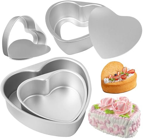 ICHOWHO 2 Pcs Heart Layer Cake Tins, 6 inch & 8 inch Aluminium Cake Tin for Baking, Non-Stick Springform Heart Shape Deep Baking Pan with Removable Bottom for Mousse Cakes Pudding Cheesecake, Silver