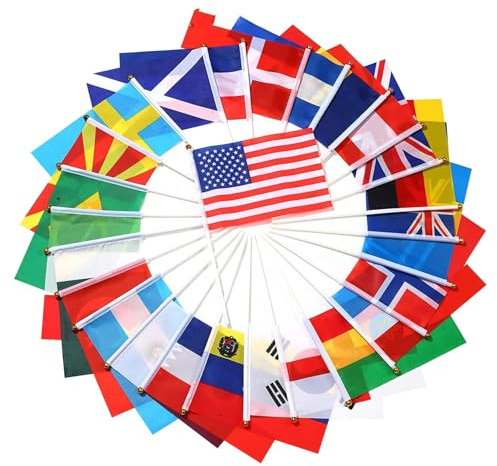 200Pcs Flags Of The World with Sticks 5.5x8.3 Inch Country Flag On Stick Hand Held World Flag for Parades, School Sports Events, Festival Celebrations