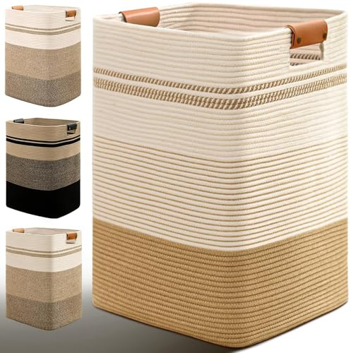 Degeyoyo Laundry Hamper, 85L Tall Laundry Basket with Leather Handles, Rectangle Large Clothes Hamper for Organizing, Cotton Woven Laundry Baskets Storage Hampers for Bedroom, Nursery, Living Room