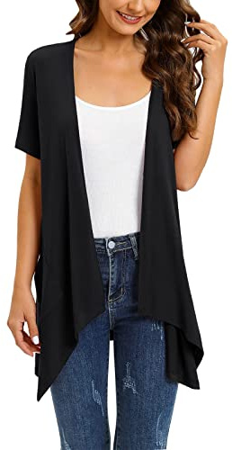 FNKDOR Cardigan da donna estivo lungo cardigan manica corta scollo a V asimmetrico cardigan con tasche, Nero , XL