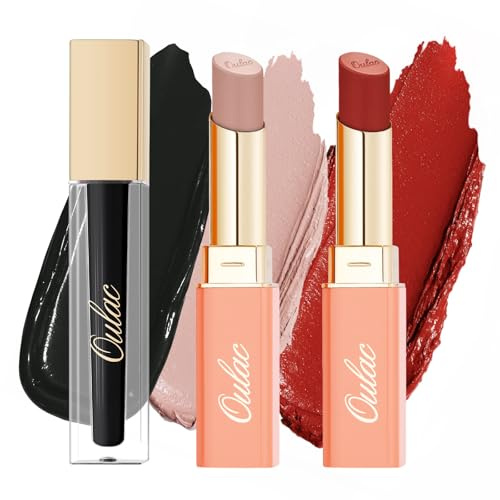 Oulac Lipstick Set, Set of 3, Matte & Satin Finish in Red & Black, Liquid Matte Lipstick, Creamy Care Pen, Highly Pigmented, Long-Lasting, Vegan (SG01+SG07+M23)