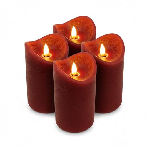 ToCi 4 x Candele a LED Rosso Scuro 7,5 x 10 cm – Candele in Vera Cera Senza Fiamma con Fiamma Mobile e Timer - Candele Troncate con Luce LED per Avvento, Decorazione, Lume Funebre, Uso Interno