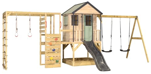 Wendi Toys M60PGG-G Casa con tobogán, columpio doble y torre de escalada, de madera, casa de juegos para niños, jardín al aire libre, con pared de escalada, red de escalada y caja de arena, 342 x 563