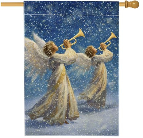 Bandiera per la casa degli angeli, con trombe celesti e neve, in iuta blu su entrambi i lati, per portico anteriore, bandiere decorative per esterni, prato, cortile, patio, ingresso, 71 x 101 cm