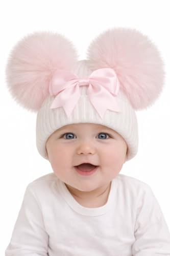 SOHOBABY™ British Made Cute Decorative Soft Stretchy Double Pom Bow Baby Girl Pom Pom Hat (UK, Age, 0 Months, 3 Months, White/Pink)