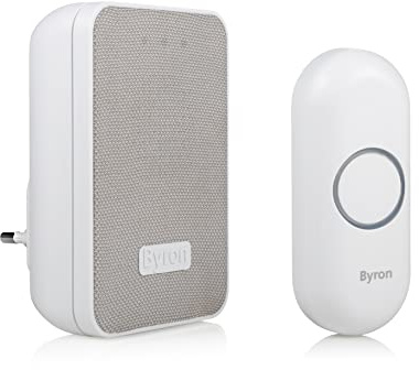 Byron DBY-22322 trådlös dörrklocka, 16 melodier och upp till 150 m räckvidd, kan anslutas till 6 klockor, 5 nivåer volym, uttag dörrklocka och ringklocka med batteri, vit