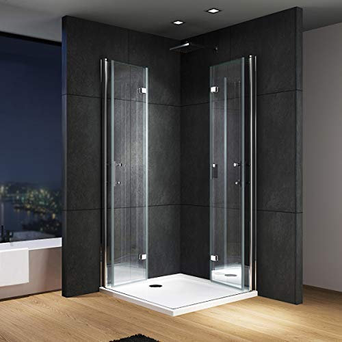 IMPTS Duschkabine Eckeinstieg 80x80 cm Doppel Falttür Falttürkabine Eckig Dusche 180º Duschwand Duschabtrennung 185/195cm (80X80X195 mit Duschwanne)
