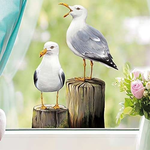 Wandtattoo Loft Fensterbild mit sitzenden Möwen wiederverwendbar, A3 Bogen, Fensteraufkleber Vögel, selbstklebende Fenstersticker, Abziehbilder, Fensterdeko, Vogelaufkleber, Kollisionsschutz Vögel