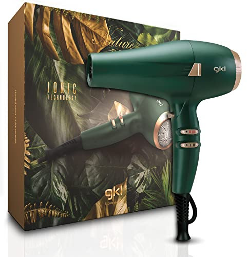 GKL - Secador de pelo con tecnología iónica profesional con 3 niveles de velocidad, 3 niveles de temperatura y función aire frío - NATURE FLOW - Incluye concentrador y difusor - 2100W - Verde y Cobre