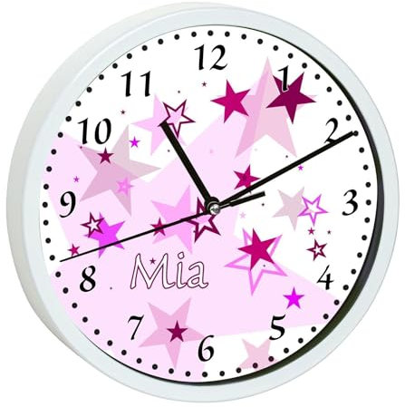 CreaDesign, Wanduhr Kinder personalisiert mit Name, Motiv Sterne rosa, Rahmen Wanduhr weiß, Ø 19,5 cm