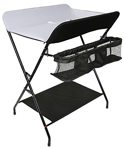 Mesa de cambio plegable, cambiador ajustable en altura con cesta de almacenamiento, 79 x 55,5 x 96 cm (B/negro y blanco)