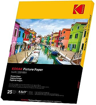 KODAK Picture Paper Vivid 8.5x11, 25 count, 66lb-230g/m2 weight, 11.9 mil thickness, Vivid color picture paper