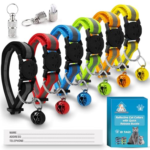 SOL 6pk Reflective Cat Collars with Quick Release Buckle & 2 ID Tags, Adjustable & Comfortable, Durable Material, Includes Bell Perfect for Night Visibility & Everyday Wear for Cats & Kitten