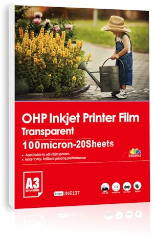 Inkuway Feuille Transparente Imprimable A3 OHP 20 Feuilles Films Transparents pour Rétroprojecteur, Impression Jet d'Encre