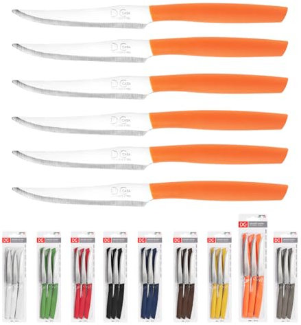 Dc Casa Set Coltelli da Tavola Bistecca 11 cm - 6 Pezzi in Acciaio Inox, Coltelli Bistecca Punta Seghettata (Arancione)